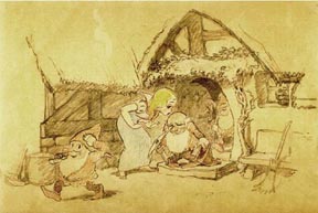 Snow White kissing the heads of the dwarves as they leave the cottage